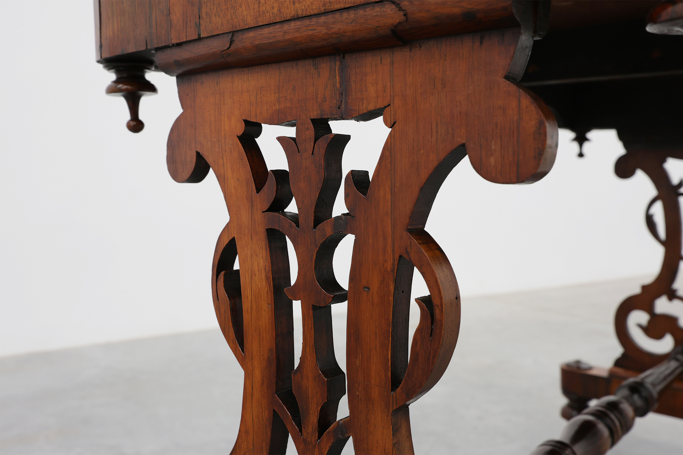 Victorian Walnut Side Table with Inlaid Top and Pierced Scroll Ends, England, circa 1870thumbnail